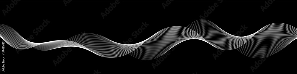 Poster abstract white wavy line on black background. futuristic motion stripe with smooth gradient curve. i