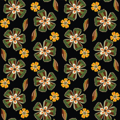 Seamless floral pattern with meadow, small flowers, herbs, leaves in retro style on a dark background.