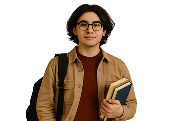 Isolated PNG of Young Male Student Holding Books and Backpack – Transparent Background for Educational and Web Design Use