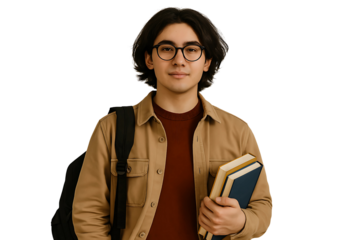 Isolated PNG of Young Male Student Holding Books and Backpack – Transparent Background for Educational and Web Design Use
