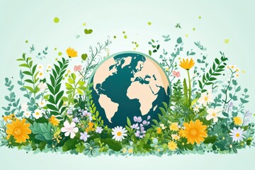Illustrated vector of Earth surrounded by healthcare, animal, and plant icons promoting One Health 