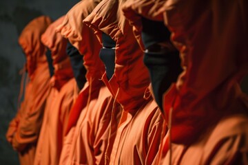 Group of prisoners wearing orange jumpsuits and black masks standing in a line, representing concepts of crime, punishment, and the justice system