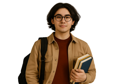 Isolated PNG of Young Male Student Holding Books and Backpack – Transparent Background for Educational and Web Design Use - Powered by Adobe