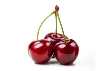 Three Glossy Red Cherries with Stems on a White Background
