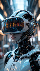 “Futuristic Humanoid Robot with Visor Standing in Urban City Environment at Night”