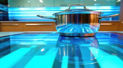 Stainless steel pot on modern induction cooktop, blue kitchen