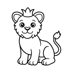 cute lion cub with crown black and white outline