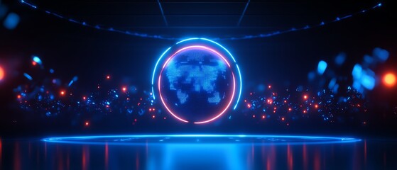 A glowing digital globe with neon lights floats in a dark futuristic space, surrounded by vibrant blue and red light particles reflecting on a sleek surface.
