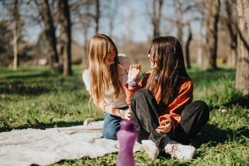 Two young women spending quality time together while seated on a blanket in a beautiful park,...