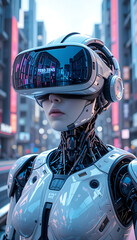 “Futuristic Humanoid Robot with Visor Standing in Urban City Environment at Night”