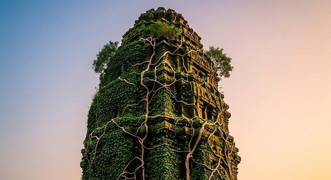 Ancient stone temple tower covered in lush green vines and roots against a gradient sky