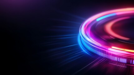A glowing circular digital interface with vibrant blue and pink neon lights on a dark background, symbolizing futuristic technology and innovation.