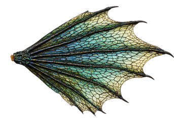 A textured iridescent dragon wing with a black background and a skeletal framework