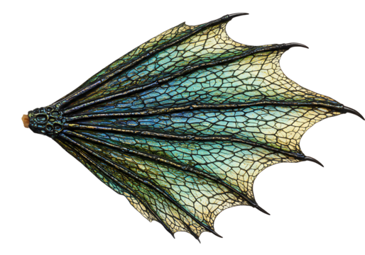 A textured iridescent dragon wing with a black background and a skeletal framework
