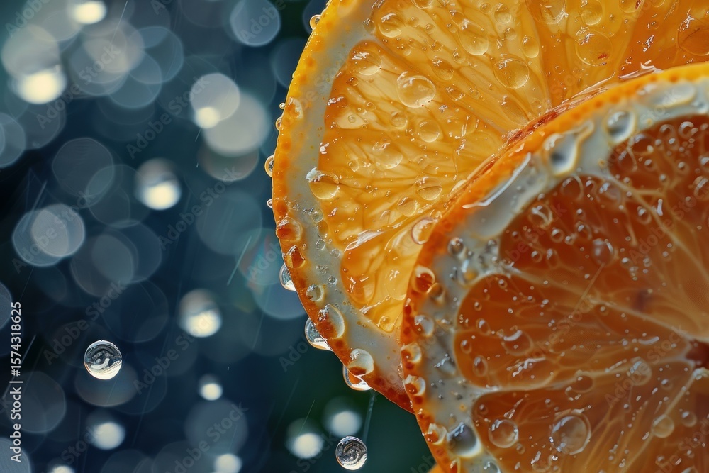 Poster two fresh orange slices covered with sparkling water droplets creating a refreshing and vibrant imag