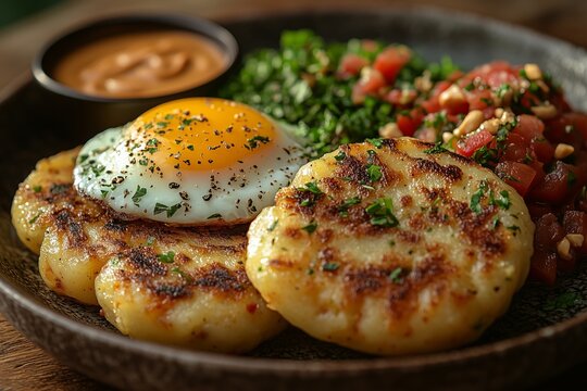 Ecuadorian llapingachos, potato patties, served with chorizo, a fried egg, and peanut sauce, arranged on a rustic ceramic plate, with warm ambient light highlighting the textures