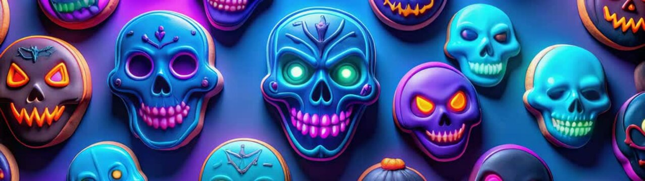 Many decorated skulls with glowing eyes are forming a seamless pattern on a blue background.