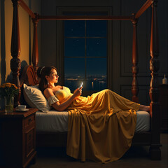 Woman in bed lit by yellow tablet