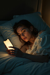 Young woman falls asleep with smartphone in bed