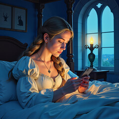 Girl reading glowing book at night