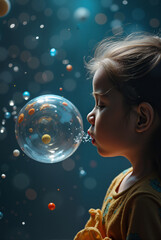 Girl blowing transparent bubble in dreamy starry sky