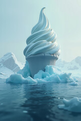 Ice cream cone melting in icy ocean