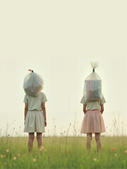 Children wearing bird-shaped hoods in open field
