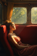 Sunlit woman sitting by train window in red seat