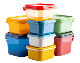 Stack of Colorful Plastic Storage Containers with Lids, Close-Up Isolated on Transparent Background PNG