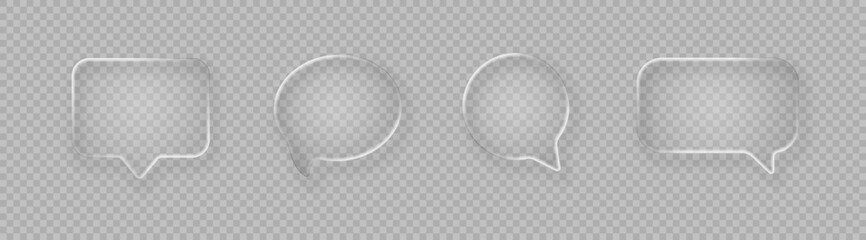 Set of realistic glossy glass speech bubbles in liquid glass style isolated on light background. Vector 3d illustration.