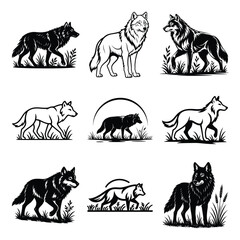 Wolf silhouette vector collection line art of leafy grass nature