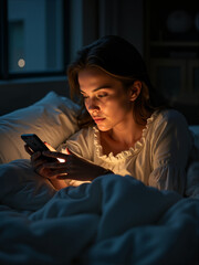 Woman using phone in blue blanket