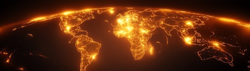 A glowing digital map of the world at night, highlighting illuminated cities and populated areas with bright orange lights.