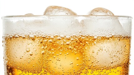 Iced bubbly drink in glass, close-up, white background, refreshment