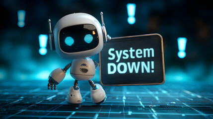 Cute Robot Announces System Failure: Digital Glitch, Blue Neon, Futuristic Warning.
