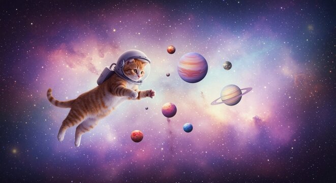 International Cat Day image with a tabby cat floating in space surrounded by planets. International Cat Day photo shows this feline astronaut exploring galaxy with stars and cosmic nebulae. - Powered by Adobe