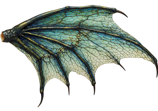 A translucent blueandwhite dragon wing with visible bone structure set against a solid black background