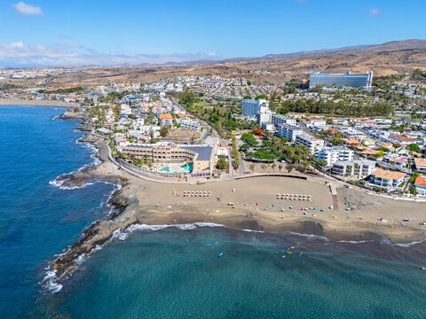 Maspalomas, Gran Canaria, Canary Islands, Spain. 07.08.2025. Aerial image of Playa Del Ingles and Playa De San Augustin coastline at Maspalomas. 8th July 2025.