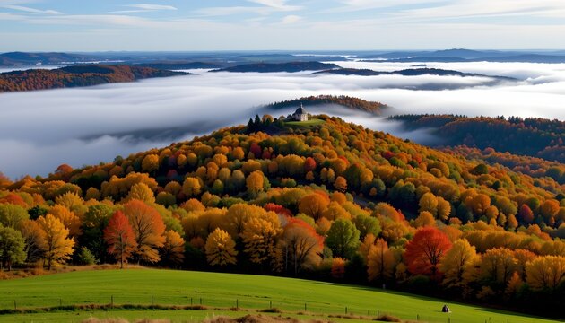 a picturesque autumn landscape, with a hill blanketed in vibrant fall foliage of reds and yellows under a clear blue sky dotted with fluffy white clouds
