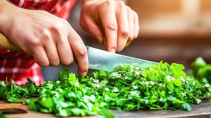 Woman chopping parsley in kitchen, sunlight