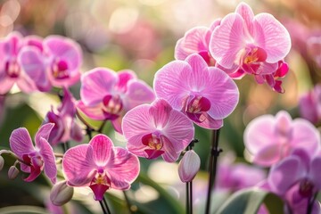 Pink orchids blooming in a botanical garden, illuminated by warm sunlight