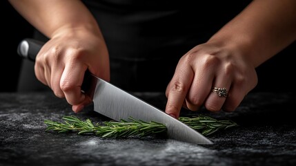 Chef's hands slicing rosemary on dark kitchen counter