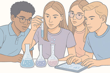 Fototapeta premium Students Conduct Science Experiment with Beakers Test Tubes and Tablet