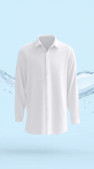 White long-sleeve shirt displayed against a light blue background with water splashes, showcasing fabric texture and design, ideal for fashion mock up and promotional purposes