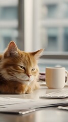 Ginger Cat Relaxing at Keyboard – Whimsical Home Office Scene with Cozy Coffee Moment and Feline Presence in a Peaceful Workspace