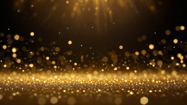 Digital gold color particles flow with dust and bokeh, Digital Stage floor and lighting for display your product background