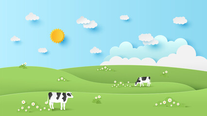 Vector illustration of landscape scenery with green hills and cloud sky on a sunny day. Green landscape with blue sky. Paper cut and craft style illustration