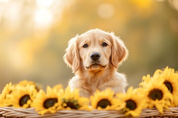 Golden retriever puppy surrounded by vibrant sunflowers.