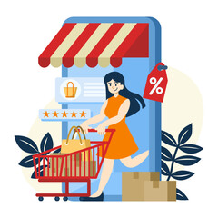 Online shopping concept with a woman is pushing a cart away from a smartphone. flat color illustration vector isolated on white background.