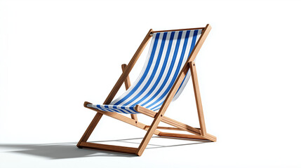 Seaside Comfort: A classic deck chair sits invitingly, ready for relaxation under the sun, its striped pattern and wooden frame evoking the spirit of summer and leisurely days at the beach.